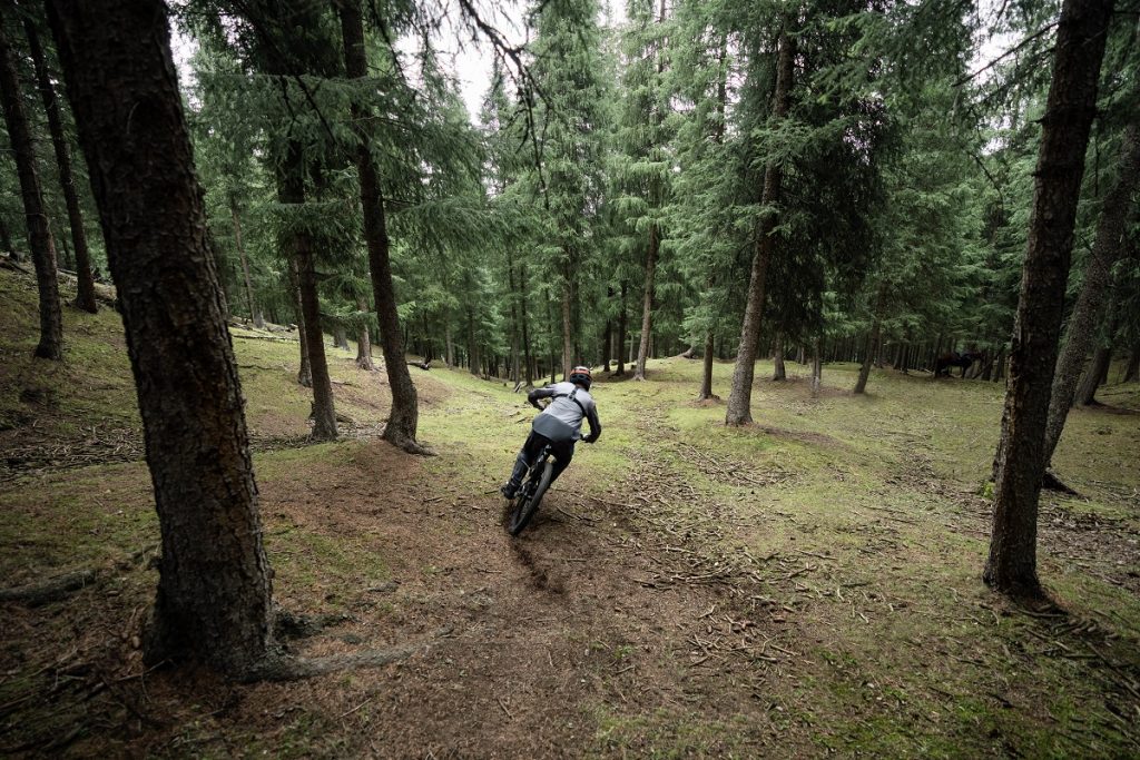 Biker in Wald mit superweitem Sichtfeld aufgenommen