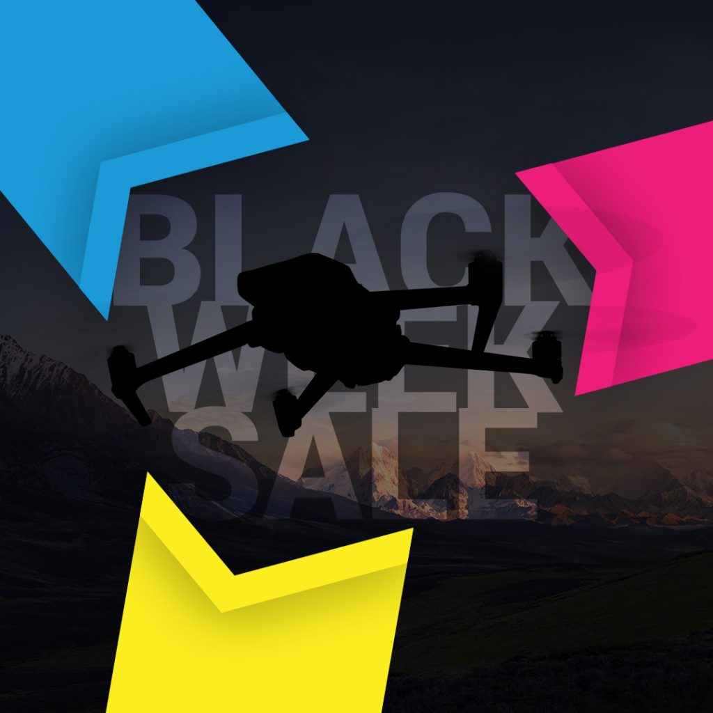Schwarze Drohne vor Black Week Sale Schriftzug und Neon-Elementen
