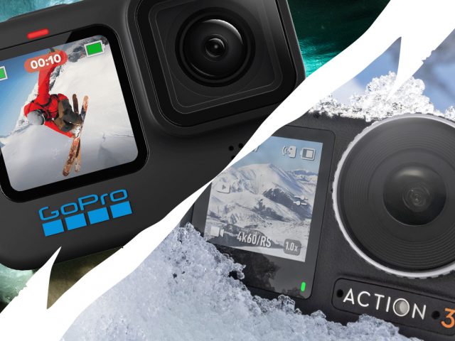 GoPro Kamera und DJI Actioncam mit Pfeil gegeneinandergestellt