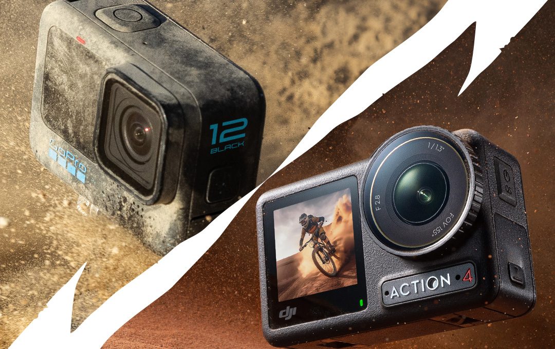 GoPro HERO12 und DJI Osmo Action 4 Kamera getrennt durch weißen Blitz