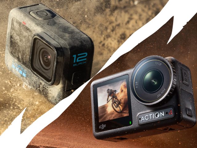 GoPro HERO12 und DJI Osmo Action 4 Kamera getrennt durch weißen Blitz