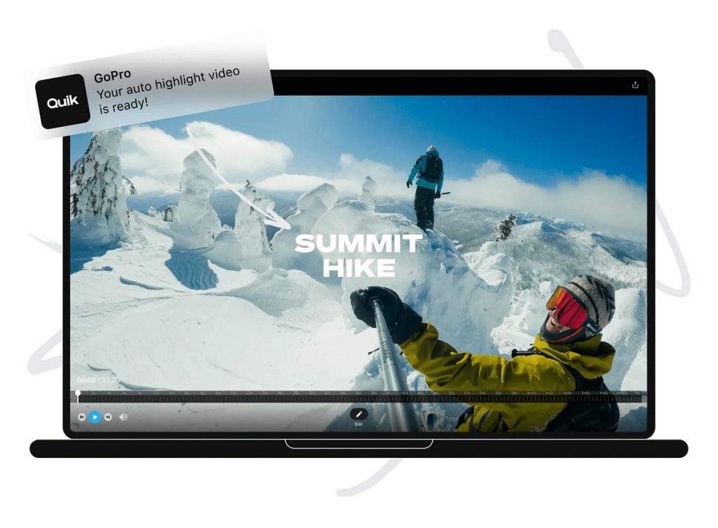 Mac Bildschrim mit GoPro Quik App Logo und Alpenkulisse mit Snowboardern