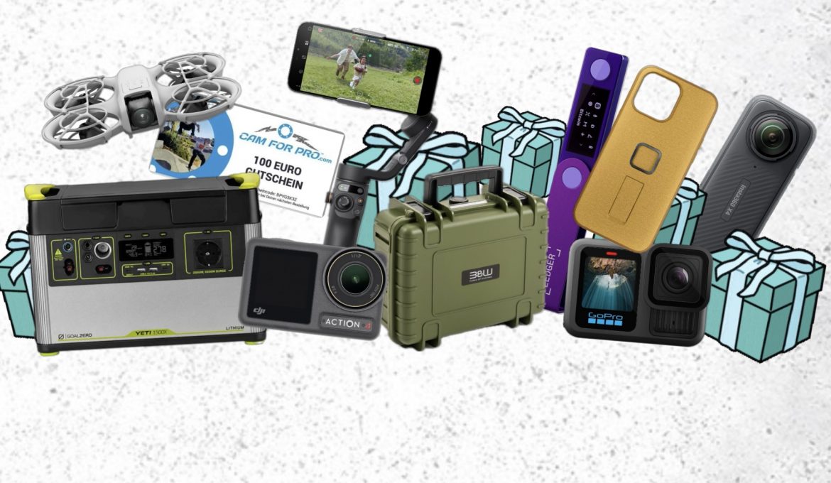 Technik und Kamera Geschenke freigestellt mit Geschenkkartons